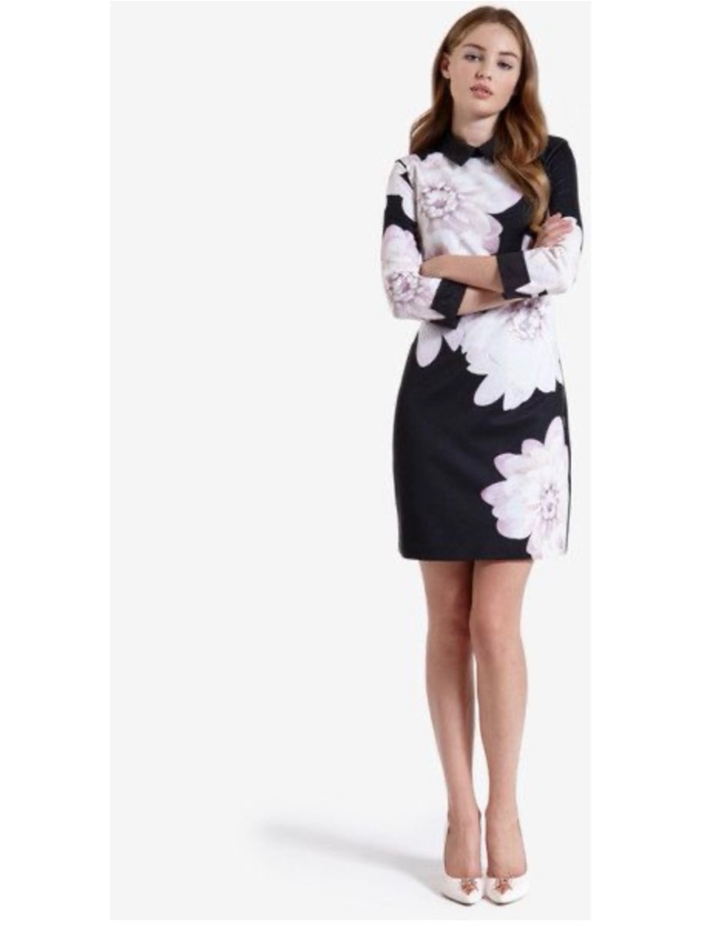 Ted Baker Kida Women Black floral collared dress Ted Size 1 = 4 Party Cocktail